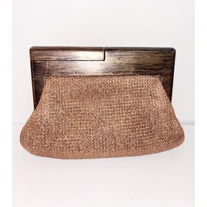 Melie Bianco Raffia Woven Copper Rose Gold Clutch Purse Sparkly